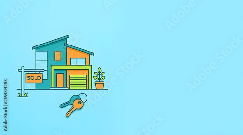 Model house with a sold sign, keys, and a succulent in a pot on a blue background representing real estate sales and home purchase