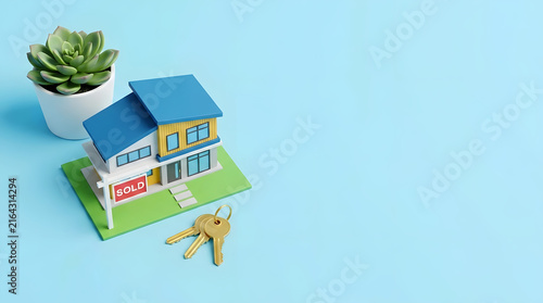 Model house with a sold sign, keys, and a succulent in a pot on a blue background representing real estate sales and home purchase
