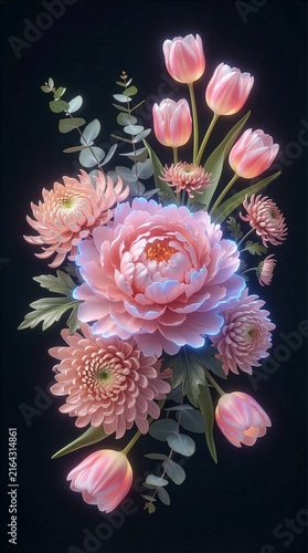 Luminous floral bouquet with peonies and tulips on black background
