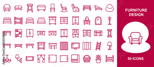 Set of fifty home furniture design line icons featuring various chairs tables beds and storage
