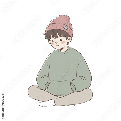 Cute young man sitting in cozy outfit hand drawn illustration