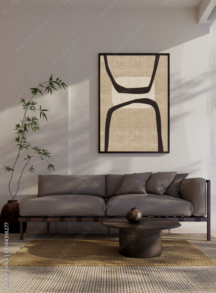 Fototapeta premium 3D render, illustration Fan Ventilation Large Luxury modern living room interior, brutalist architecture realistic lighting, Graphic Overlay wide angle, contemporary furniture, clean lines, minimal