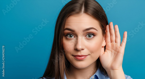 Beautiful woman hand to ear listening blue background which is perfect for corporate success presentation and advertising
