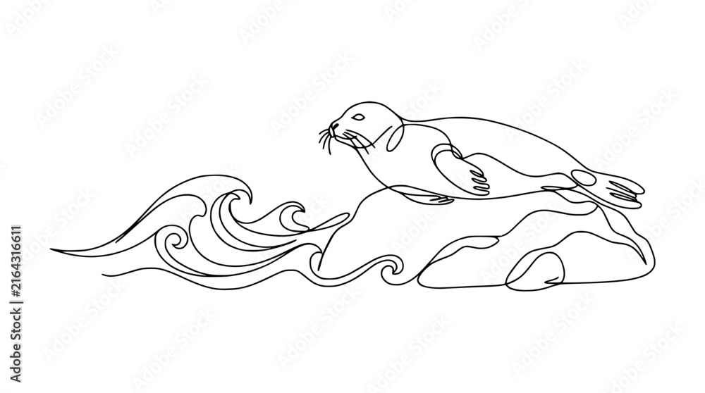 Obraz premium Seal Resting on Rock with Waves, Minimalist Line Art Isolated