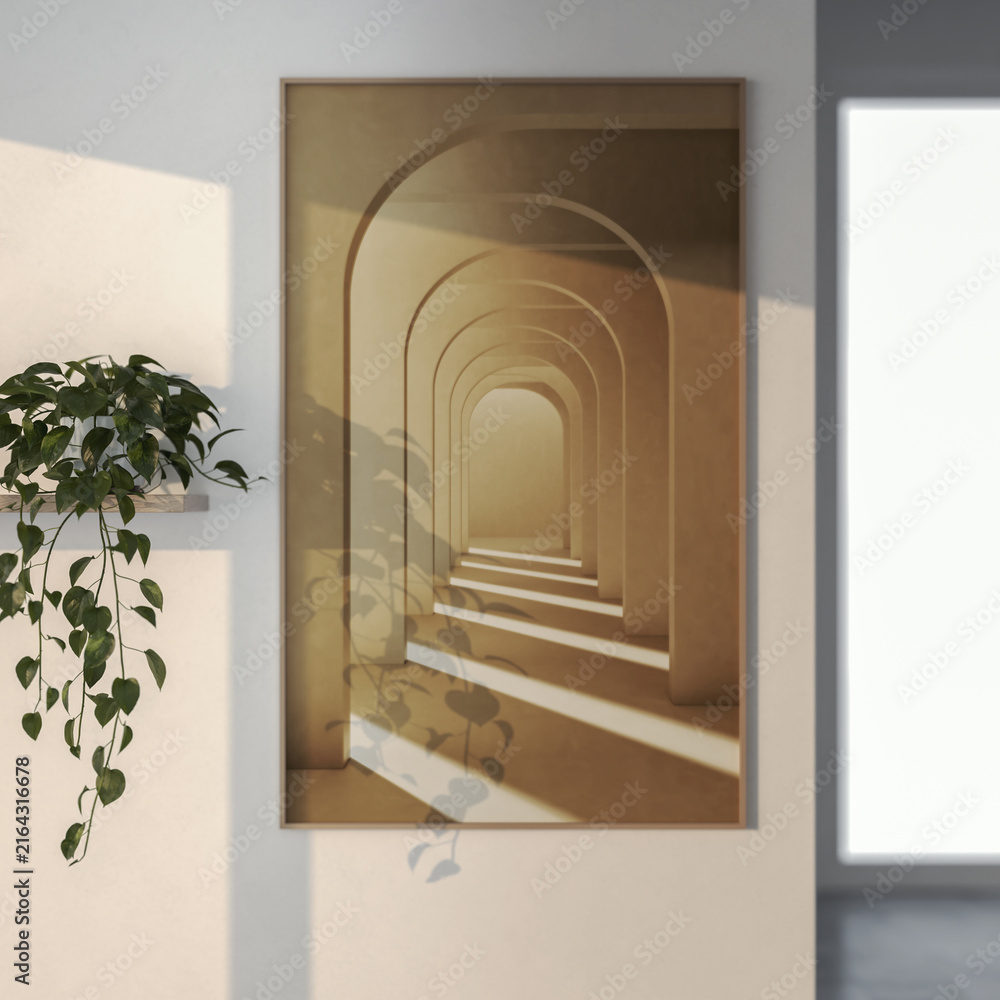 Fototapeta premium 3D render, illustration Fan Ventilation Large Luxury modern living room interior, brutalist architecture realistic lighting, Graphic Overlay wide angle, contemporary furniture, clean lines, minimal