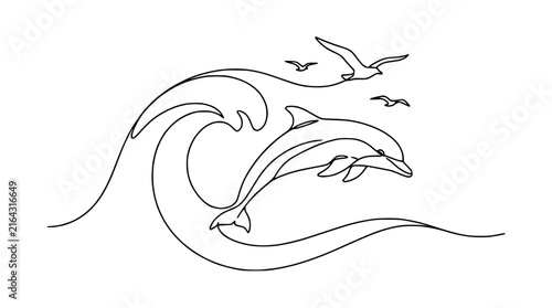 Single Line Drawing Dolphin Leaping Wave Seagulls Isolated Transparent Background