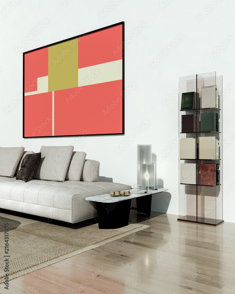 Fototapeta premium 3D render, illustration Fan Ventilation Large Luxury modern living room interior, brutalist architecture realistic lighting, Graphic Overlay wide angle, contemporary furniture, clean lines, minimal