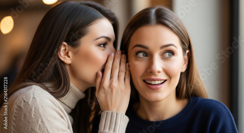 Beautiful women whispering secret to ear which is perfect for corporate success presentation and advertising