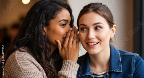 Beautiful women whispering secret to ear smiling which is perfect for corporate success presentation and advertising