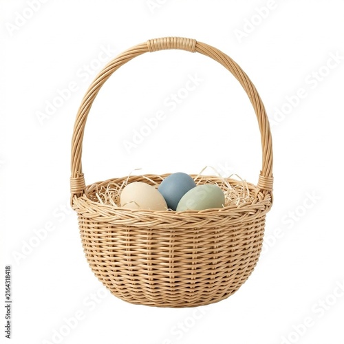 Rattan basket filled with colorful eggs on white background  