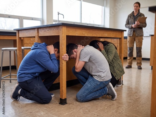 Students Practice Earthquake Safety Beneath Sturdy Classroom Table
