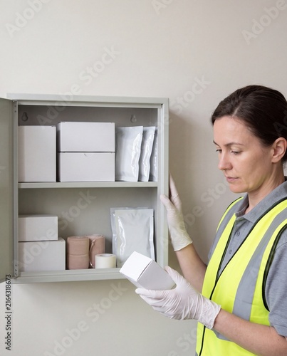 Safety Coordinator Inspects Workplace First Aid Cabinet Supplies