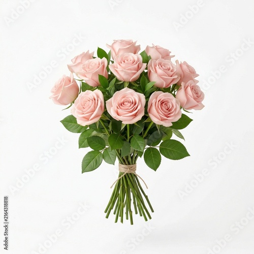 Bouquet of pink roses tied with twine on a white background  