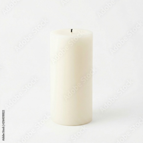 White pillar candle on a plain white background  