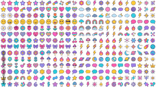 Cute pastel stickers set, kawaii icons collection, whimsical symbols for journals and scrapbooking, heart eyes and stars, vector graphics for social media and design decoration