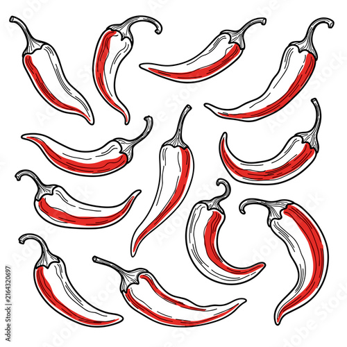 Red Chili Peppers with Dynamic White Outlines