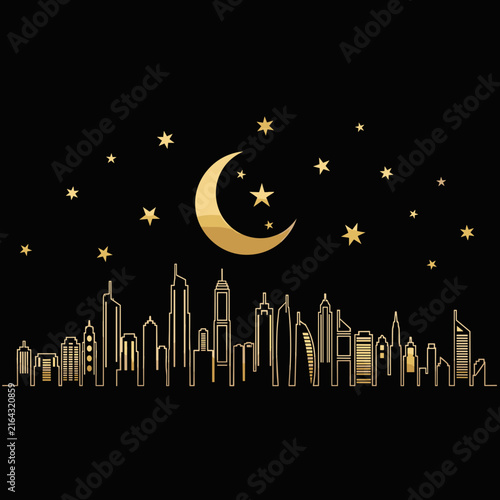 Dubai Skyline Silhouette at Night with Moon and Stars