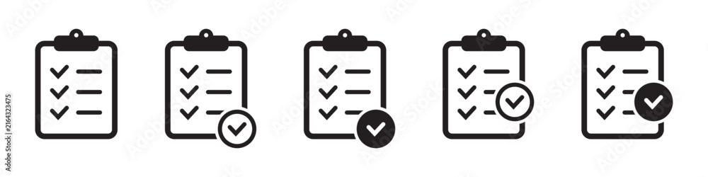 Fototapeta premium Clipboard Checklist Icon Set with Completed Task and Approval Check Marks for Project Management, Survey, Audit and Business Workflow