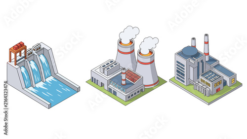 Set of isometric industrial power plants including a hydroelectric dam and two thermal power stations.