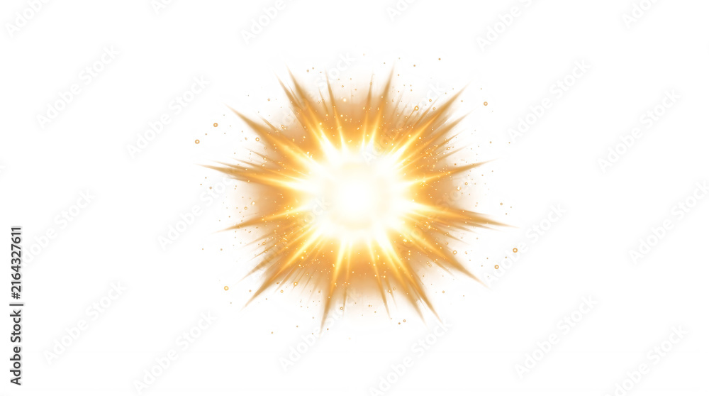 Obraz premium Golden starburst explosion with glowing light rays, bright orange sunburst flash, radiant energy spark for visual effects isolated on Transparent Background