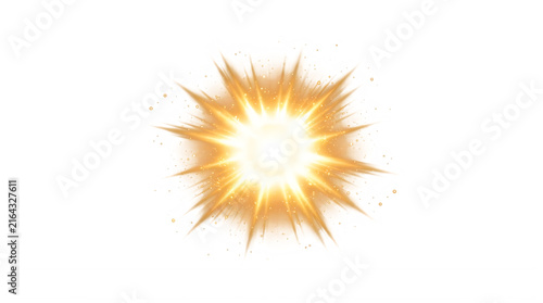 Golden starburst explosion with glowing light rays, bright orange sunburst flash, radiant energy spark for visual effects isolated on Transparent Background