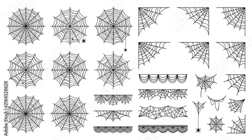 Collection of various spider web designs, including circular webs, corner webs, and decorative borders for halloween decorations isolated on white background
