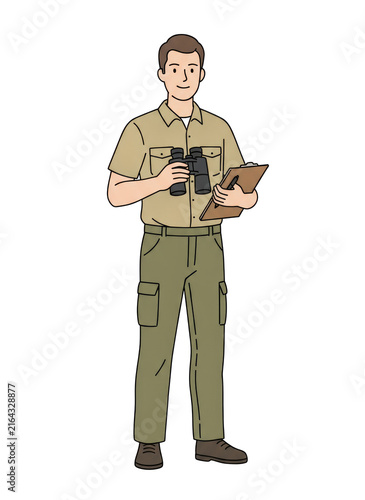 Vector illustration of a male explorer or park ranger holding binoculars and a clipboard, isolated on a transparent background