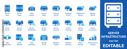 Server Infrastructure icon set. Includes symbols for Server Rack, Data Center, Database Server, and Firewall. Solid vector icons for IT dashboard and cloud UI.