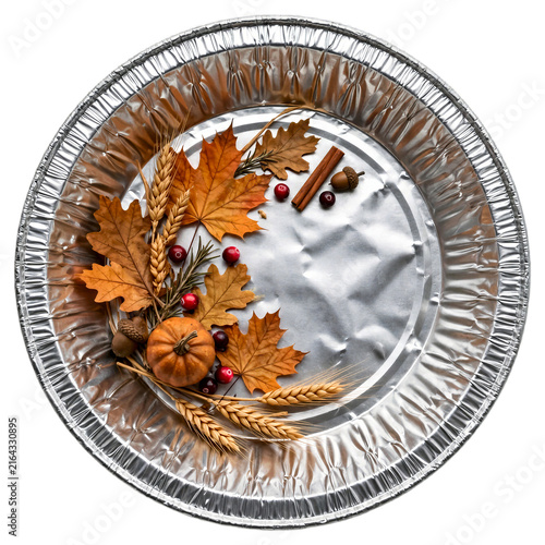 Disposable Foil Pie Plate With Autumn Decor Isolated on Transparent Background
