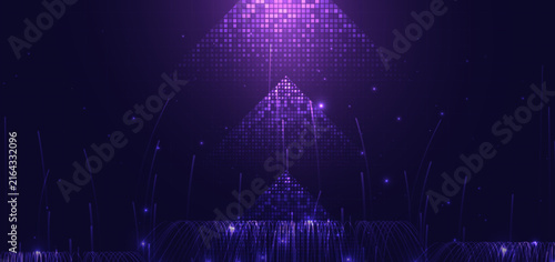 Abstract futuristic background featuring vertical arrows square in vibrant neon blue and purple glowing.