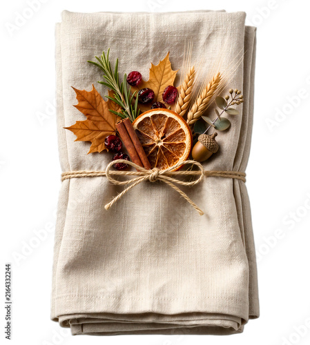 Folded Linen Napkin With Autumn Decoration Isolated on Transparent Background