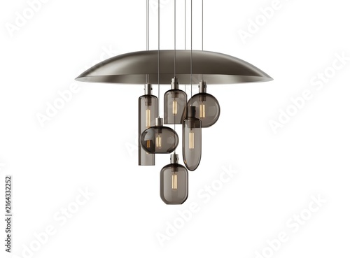 Modern pendant light fixture with tinted glass shades. Interior illumination and luxury home decor concept. Ceiling lamp hanging against white background