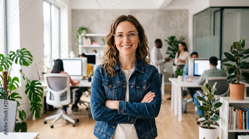 Beautiful woman woman arms crossed bright office which is perfect for corporate success presentation and highly effective marketing campaigns