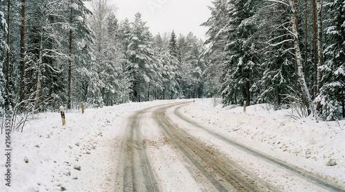 Winding road through a dense pine forest covered in deep snow during the winter season