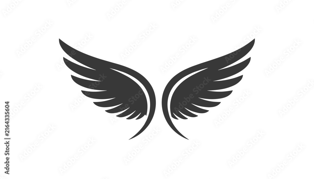 Obraz premium Classic black silhouette of a pair of majestic open angel wings spread wide against a plain solid white background.