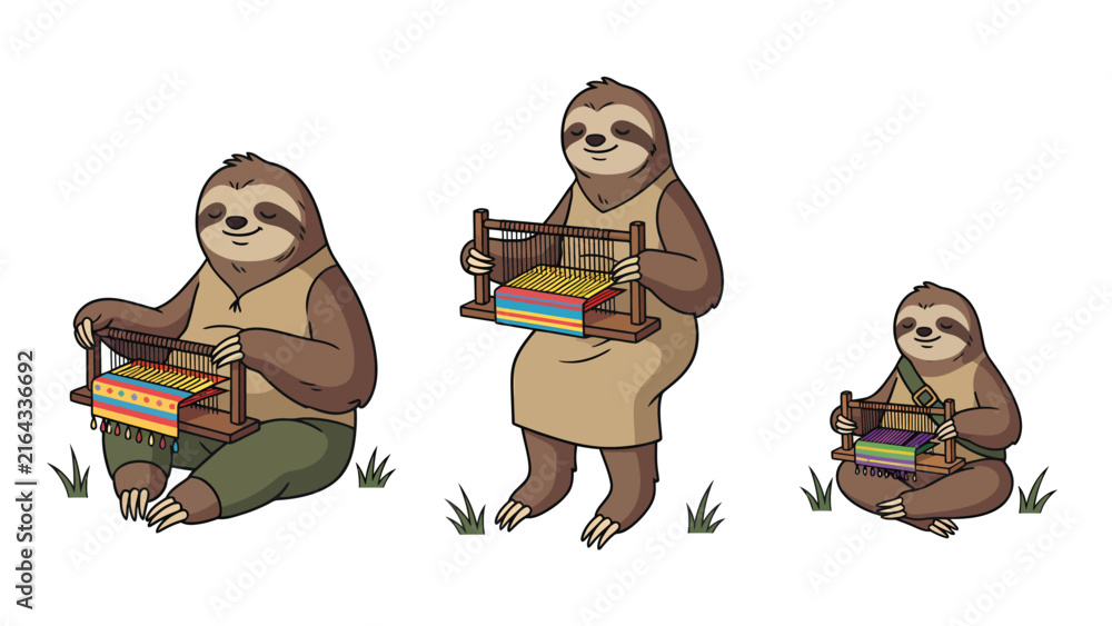 Naklejka premium Three cartoon sloths of different sizes are sitting and weaving colorful fabrics on small looms.