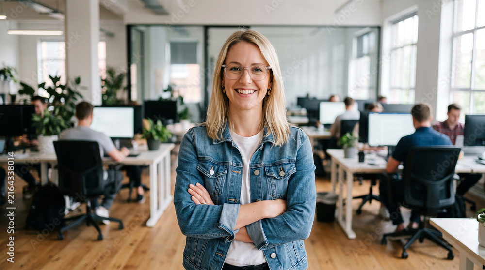 Fototapeta premium Beautiful woman woman arms crossed office desk smiling which is perfect for corporate success presentation and highly effective marketing campaigns