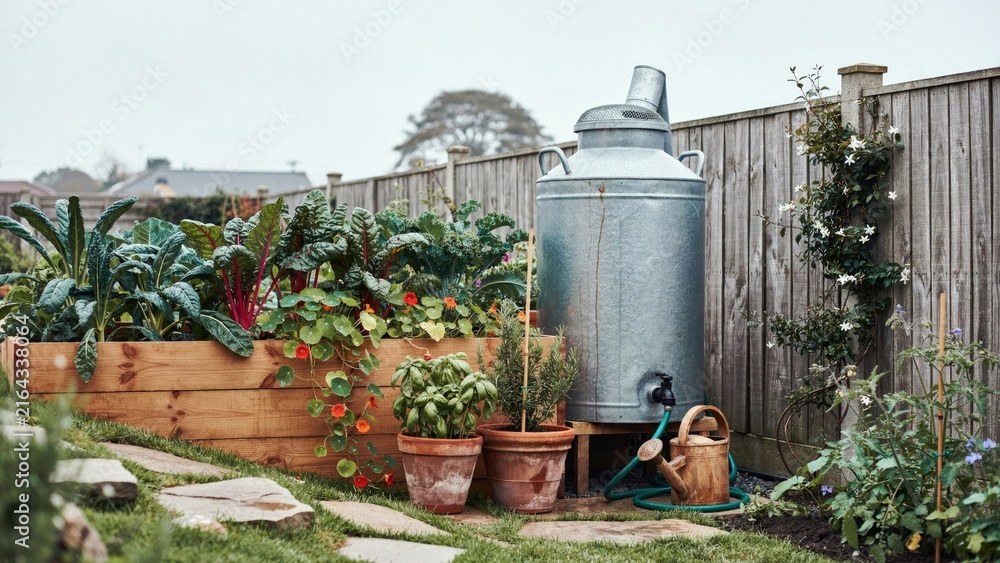 Obraz premium Raised Garden Bed with Lush Greenery, Vintage Watering Can, and Galvanized Metal Tank