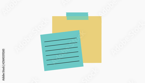 Colorful square sticky notes in blue and yellow shades with a piece of light blue adhesive tape on a grey background.