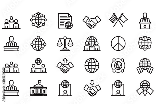 Bild auf Leinwand International Trade and Partnership Symbols Featuring Handshake, Globe and Gover