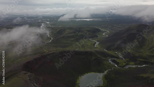 Aerial Panoramic View of Raudibotn Extinct Volcanic Crater in Iceland Highland Landscape with Clouds