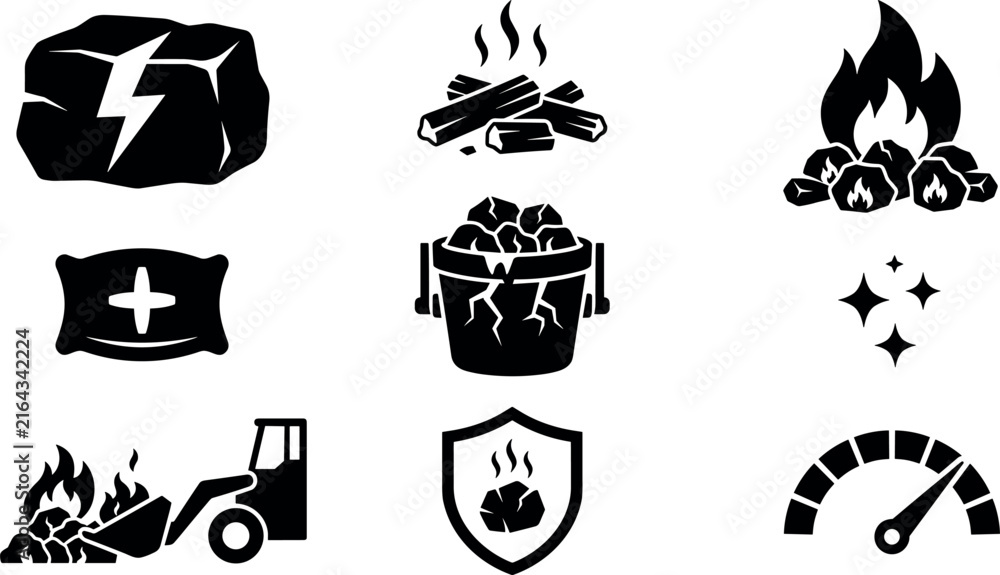 Fototapeta premium Coal Power and Charcoal Fuel Icon Set Featuring Burning Embers, Firewood, Front Loader Machinery, Mineral Ore, Bucket, and Energy Efficiency Metrics