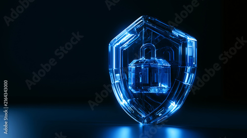 3D render of a glowing neon shield and padlock protecting digital data