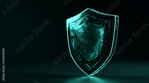 3D render of a glowing neon shield and padlock protecting digital data