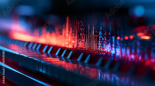 Macro shot of a piano keyboard with glowing colorful sound waves
