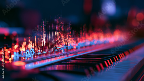 Macro shot of a piano keyboard with glowing colorful sound waves
