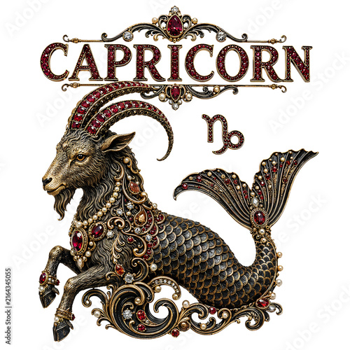 Ornate jewel-encrusted Capricorn zodiac sign, mythological sea-goat, golden details.