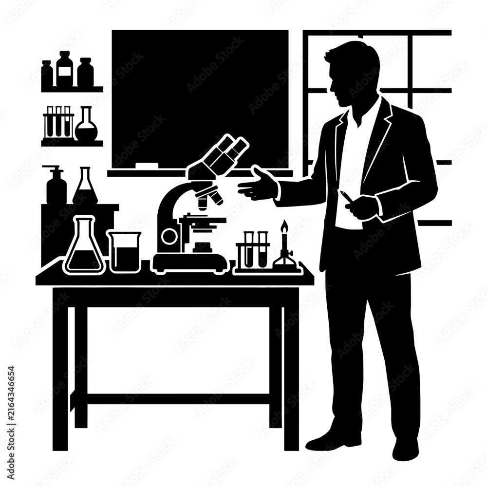Fototapeta premium Scientist standing at laboratory workbench with microscope