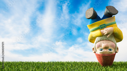 Garden gnome head first on a meadow, 3D Rendering