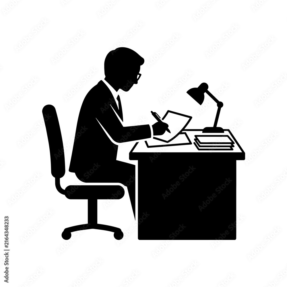 Fototapeta premium Businessman sitting at desk working with documents silhouette